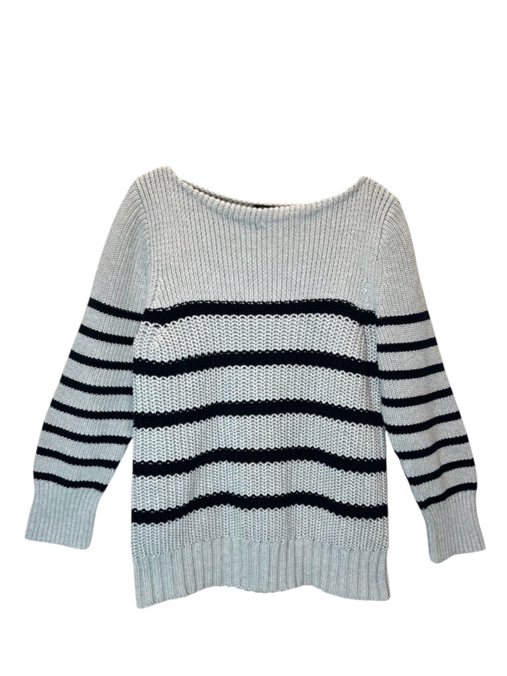 New J. Crew Lt. Gray/Navy Striped Cotton Chunky Knit Boat Neck Sweater - Large